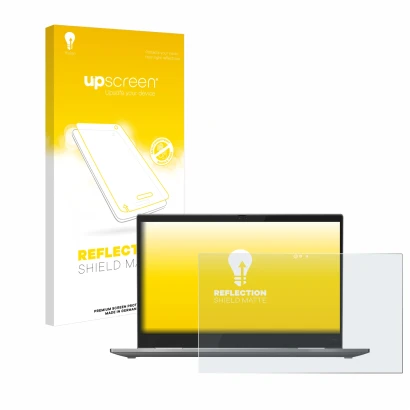Parte frontal de un envase de producto con el logotipo de la marca upscreen. Al lado se muestra el dispositivo Lenovo ThinkPad
