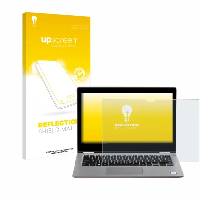 Parte frontal de un envase de producto con el logotipo de la marca upscreen. Al lado se muestra el dispositivo Dell Latitude 3