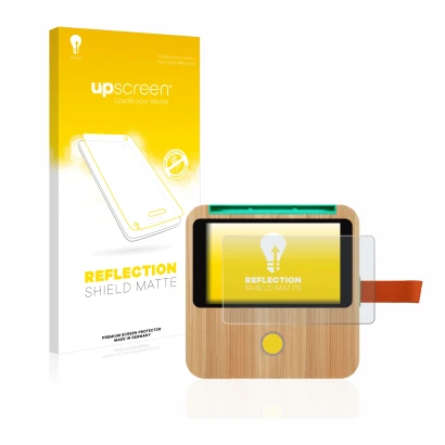 Parte frontal de un envase de producto con el logotipo de la marca upscreen. Al lado se muestra el dispositivo tigerbox Touch