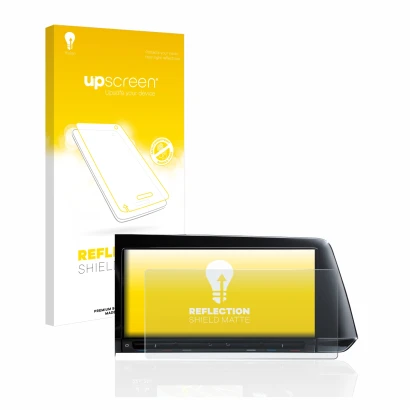 Parte frontal de un envase de producto con el logotipo de la marca upscreen. Al lado se muestra el dispositivo Volkswagen Golf