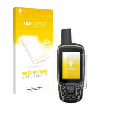 Parte frontal de un envase de producto con el logotipo de la marca upscreen. Al lado se muestra el dispositivo Garmin GPSMAP 6
