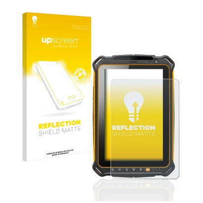 Parte frontal de un envase de producto con el logotipo de la marca upscreen. Al lado se muestra el dispositivo i.safe MOBILE I