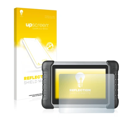 Parte frontal de un envase de producto con el logotipo de la marca upscreen. Al lado se muestra el dispositivo Autel MaxiCOM M