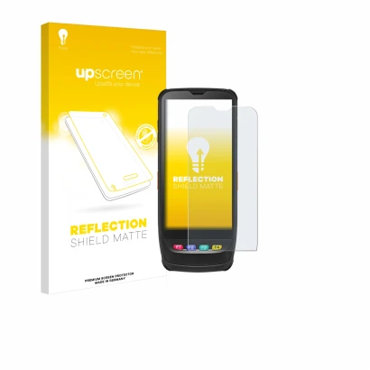 Parte frontal de un envase de producto con el logotipo de la marca upscreen. Al lado se muestra el dispositivo Casio IT-G650 c