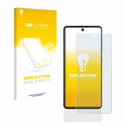 Parte frontal de un envase de producto con el logotipo de la marca upscreen. Al lado se muestra el dispositivo Samsung Galaxy