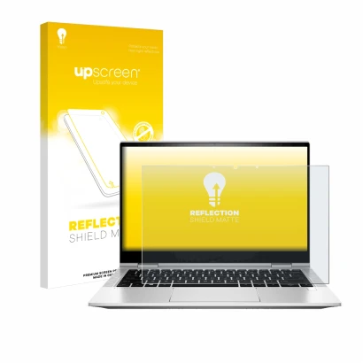 Parte frontal de un envase de producto con el logotipo de la marca upscreen. Al lado se muestra el dispositivo HP EliteBook x3
