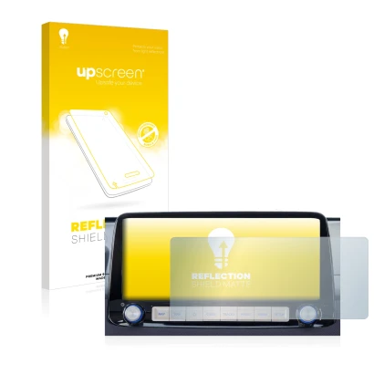 Parte frontal de un envase de producto con el logotipo de la marca upscreen. Al lado se muestra el dispositivo Hyundai Kona 20