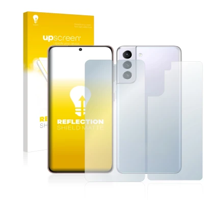 Parte frontal de un envase de producto con el logotipo de la marca upscreen. Al lado se muestra el dispositivo Samsung Galaxy
