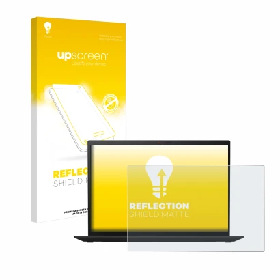 Parte frontal de un envase de producto con el logotipo de la marca upscreen. Al lado se muestra el dispositivo Lenovo ThinkPad