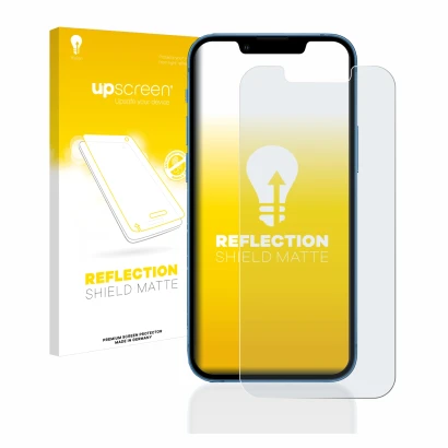Parte frontal de un envase de producto con el logotipo de la marca upscreen. Al lado se muestra el dispositivo Apple iPhone 13