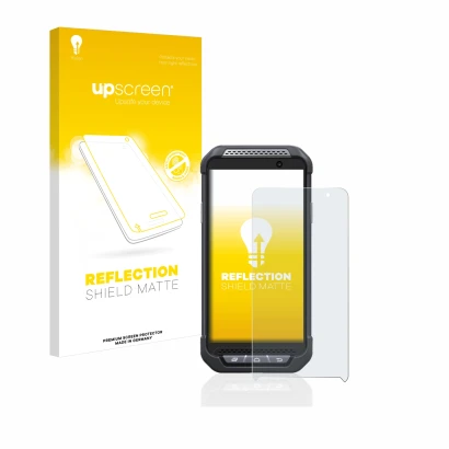 Parte frontal de un envase de producto con el logotipo de la marca upscreen. Al lado se muestra el dispositivo Point Mobile PM