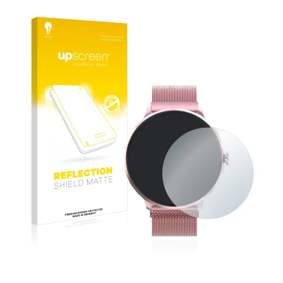 Parte frontal de un envase de producto con el logotipo de la marca upscreen. Al lado se muestra el dispositivo Bebinca Smartwa
