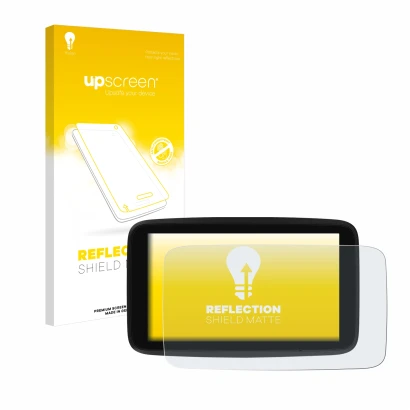 Parte frontal de un envase de producto con el logotipo de la marca upscreen. Al lado se muestra el dispositivo TomTom GO Disco