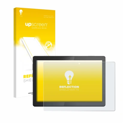 Parte frontal de un envase de producto con el logotipo de la marca upscreen. Al lado se muestra el dispositivo Lenovo Tab M10 