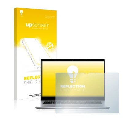 Parte frontal de un envase de producto con el logotipo de la marca upscreen. Al lado se muestra el dispositivo Dell Latitude 5