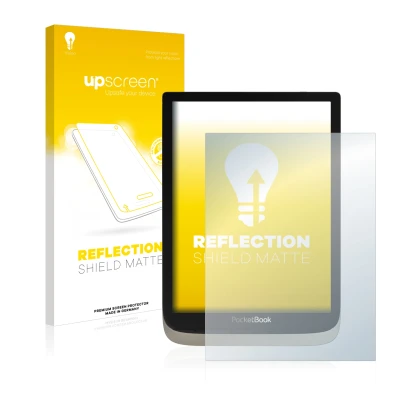 Parte frontal de un envase de producto con el logotipo de la marca upscreen. Al lado se muestra el dispositivo PocketBook InkP