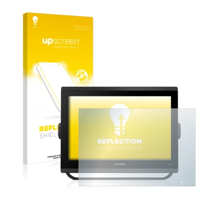 Parte frontal de un envase de producto con el logotipo de la marca upscreen. Al lado se muestra el dispositivo Garmin GPSMAP 1