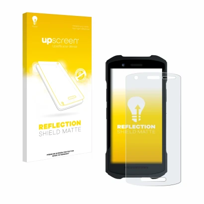 Parte frontal de un envase de producto con el logotipo de la marca upscreen. Al lado se muestra el dispositivo Zebra TC26 con
