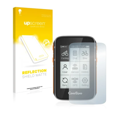 Parte frontal de un envase de producto con el logotipo de la marca upscreen. Al lado se muestra el dispositivo CooSpo BC200 co