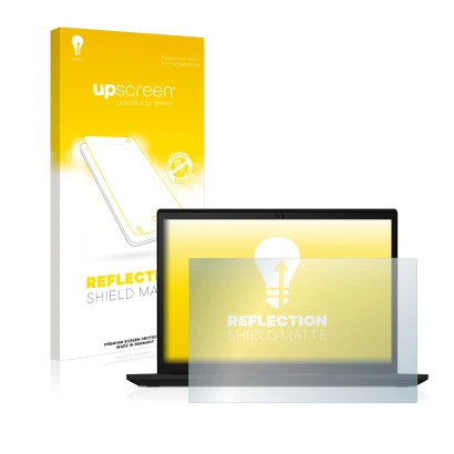 Parte frontal de un envase de producto con el logotipo de la marca upscreen. Al lado se muestra el dispositivo Lenovo ThinkPad