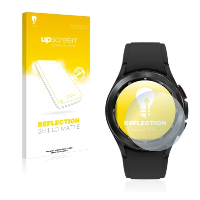 Parte frontal de un envase de producto con el logotipo de la marca upscreen. Al lado se muestra el dispositivo Samsung Galaxy