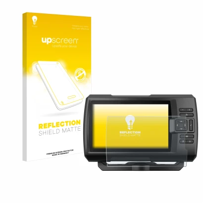 Parte frontal de un envase de producto con el logotipo de la marca upscreen. Al lado se muestra el dispositivo Garmin Striker