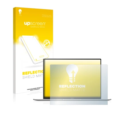 Parte frontal de un envase de producto con el logotipo de la marca upscreen. Al lado se muestra el dispositivo Huawei MateBook