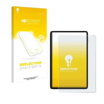 Parte frontal de un envase de producto con el logotipo de la marca upscreen. Al lado se muestra el dispositivo Xiaomi Mi Pad 5