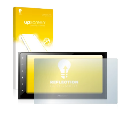 Parte frontal de un envase de producto con el logotipo de la marca upscreen. Al lado se muestra el dispositivo Pioneer SPH-DA2