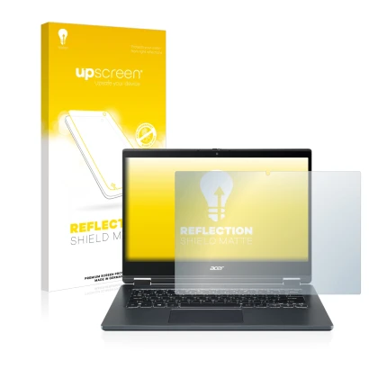Parte frontal de un envase de producto con el logotipo de la marca upscreen. Al lado se muestra el dispositivo Acer TravelMate