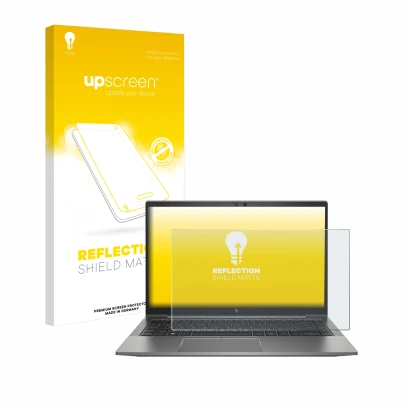 Parte frontal de un envase de producto con el logotipo de la marca upscreen. Al lado se muestra el dispositivo HP ZBook Firefl