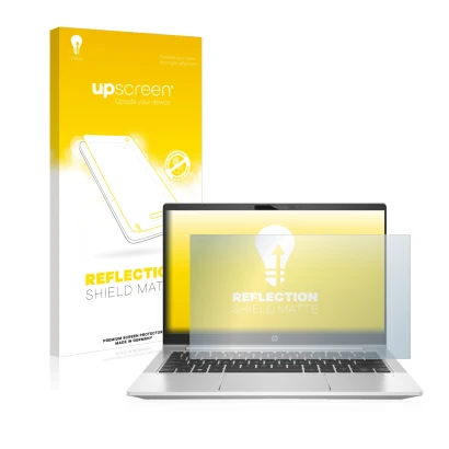 Parte frontal de un envase de producto con el logotipo de la marca upscreen. Al lado se muestra el dispositivo HP ProBooks 430