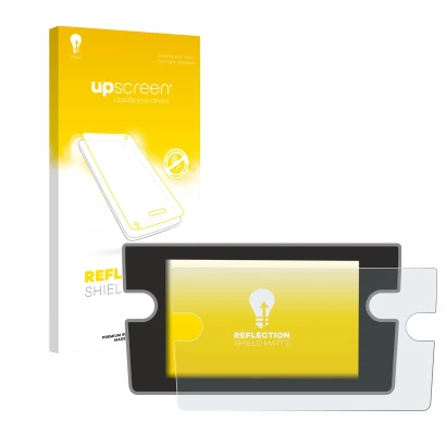 Parte frontal de un envase de producto con el logotipo de la marca upscreen. Al lado se muestra el dispositivo Volkswagen Golf