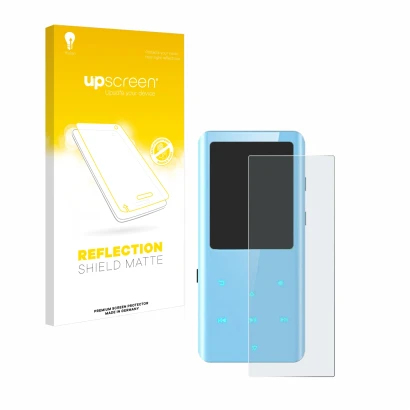 Parte frontal de un envase de producto con el logotipo de la marca upscreen. Al lado se muestra el dispositivo AGPtek A19X con