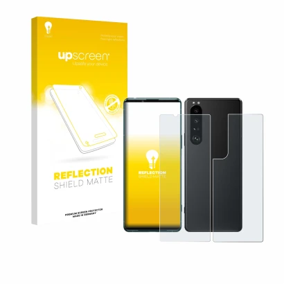 Parte frontal de un envase de producto con el logotipo de la marca upscreen. Al lado se muestra el dispositivo Sony Xperia 5 I