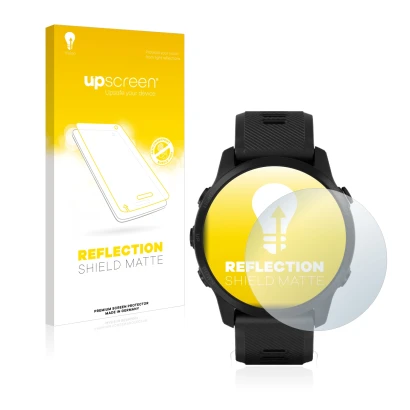 Parte frontal de un envase de producto con el logotipo de la marca upscreen. Al lado se muestra el dispositivo Garmin Forerunn