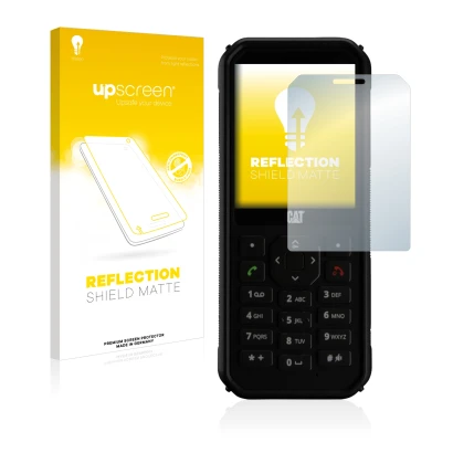 Parte frontal de un envase de producto con el logotipo de la marca upscreen. Al lado se muestra el dispositivo Caterpillar Cat