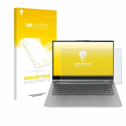 Parte frontal de un envase de producto con el logotipo de la marca upscreen. Al lado se muestra el dispositivo Lenovo ThinkBoo