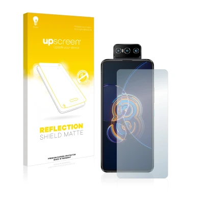 Parte frontal de un envase de producto con el logotipo de la marca upscreen. Al lado se muestra el dispositivo ASUS ZenFone 8