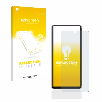 Parte frontal de un envase de producto con el logotipo de la marca upscreen. Al lado se muestra el dispositivo Samsung Galaxy