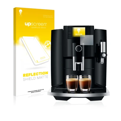 Parte frontal de un envase de producto con el logotipo de la marca upscreen. Al lado se muestra el dispositivo Jura E8 (EB) co