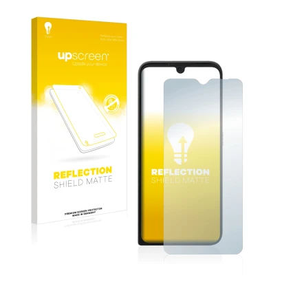 Parte frontal de un envase de producto con el logotipo de la marca upscreen. Al lado se muestra el dispositivo Motorola Defy 2