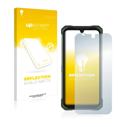 Parte frontal de un envase de producto con el logotipo de la marca upscreen. Al lado se muestra el dispositivo Doogee S86 Pro