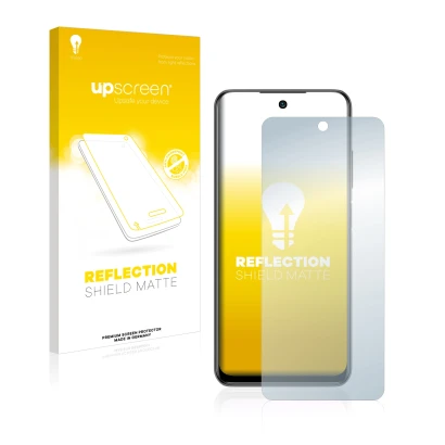 Parte frontal de un envase de producto con el logotipo de la marca upscreen. Al lado se muestra el dispositivo Xiaomi Redmi No
