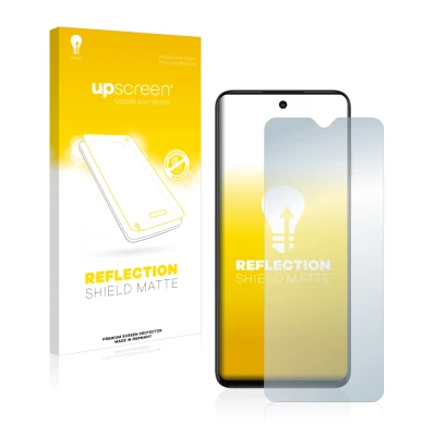 Parte frontal de un envase de producto con el logotipo de la marca upscreen. Al lado se muestra el dispositivo ZTE Blade V30 V