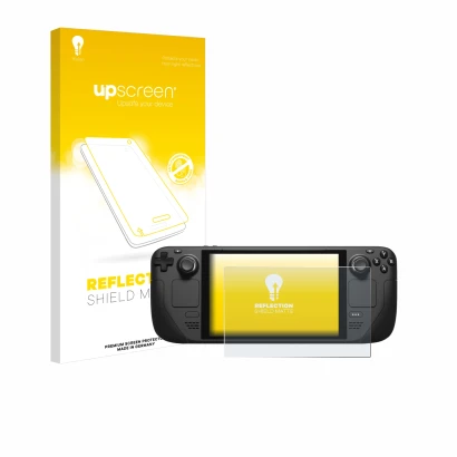 Parte frontal de un envase de producto con el logotipo de la marca upscreen. Al lado se muestra el dispositivo Valve Steam Dec