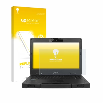 Parte frontal de un envase de producto con el logotipo de la marca upscreen. Al lado se muestra el dispositivo Getac S410 con 