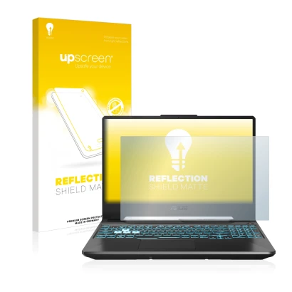 Parte frontal de un envase de producto con el logotipo de la marca upscreen. Al lado se muestra el dispositivo ASUS TUF Gaming