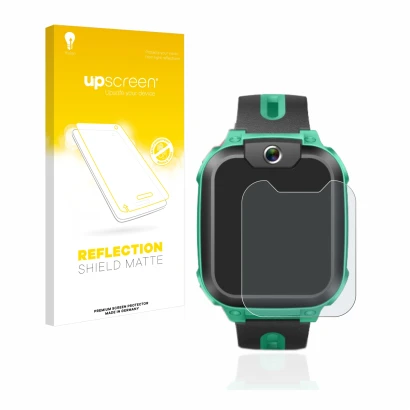 Parte frontal de un envase de producto con el logotipo de la marca upscreen. Al lado se muestra el dispositivo Imoo Watch Phon