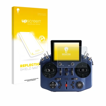 Parte frontal de un envase de producto con el logotipo de la marca upscreen. Al lado se muestra el dispositivo FrSky Tandem X2